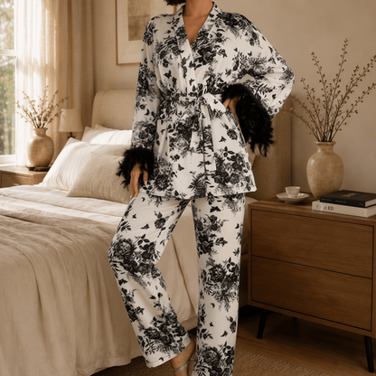 Ink Print Long Satin Pyjama Set with Feather-Effect Cuffs