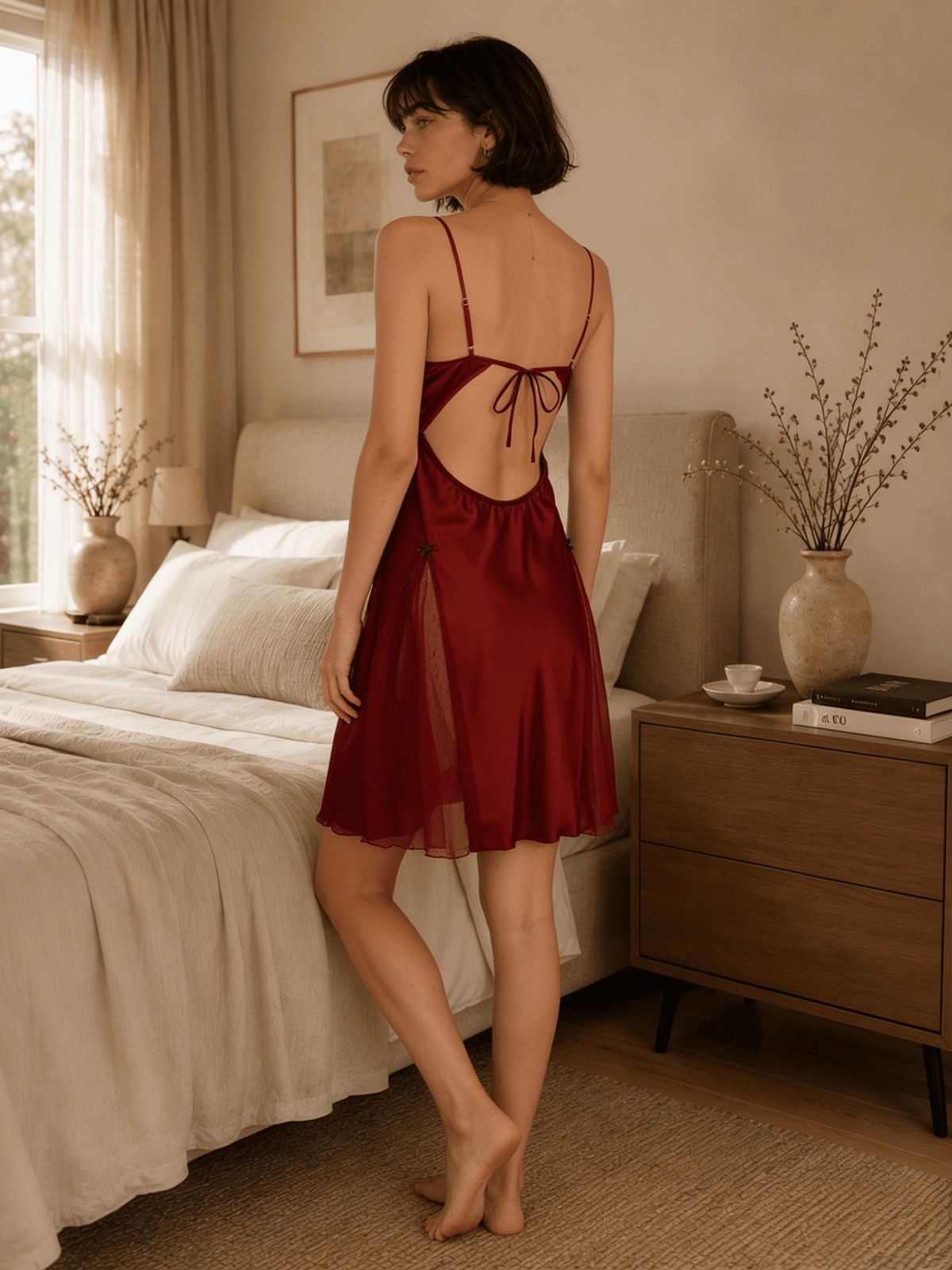 Lace Cup Nightie with Tie Back and Split Hem