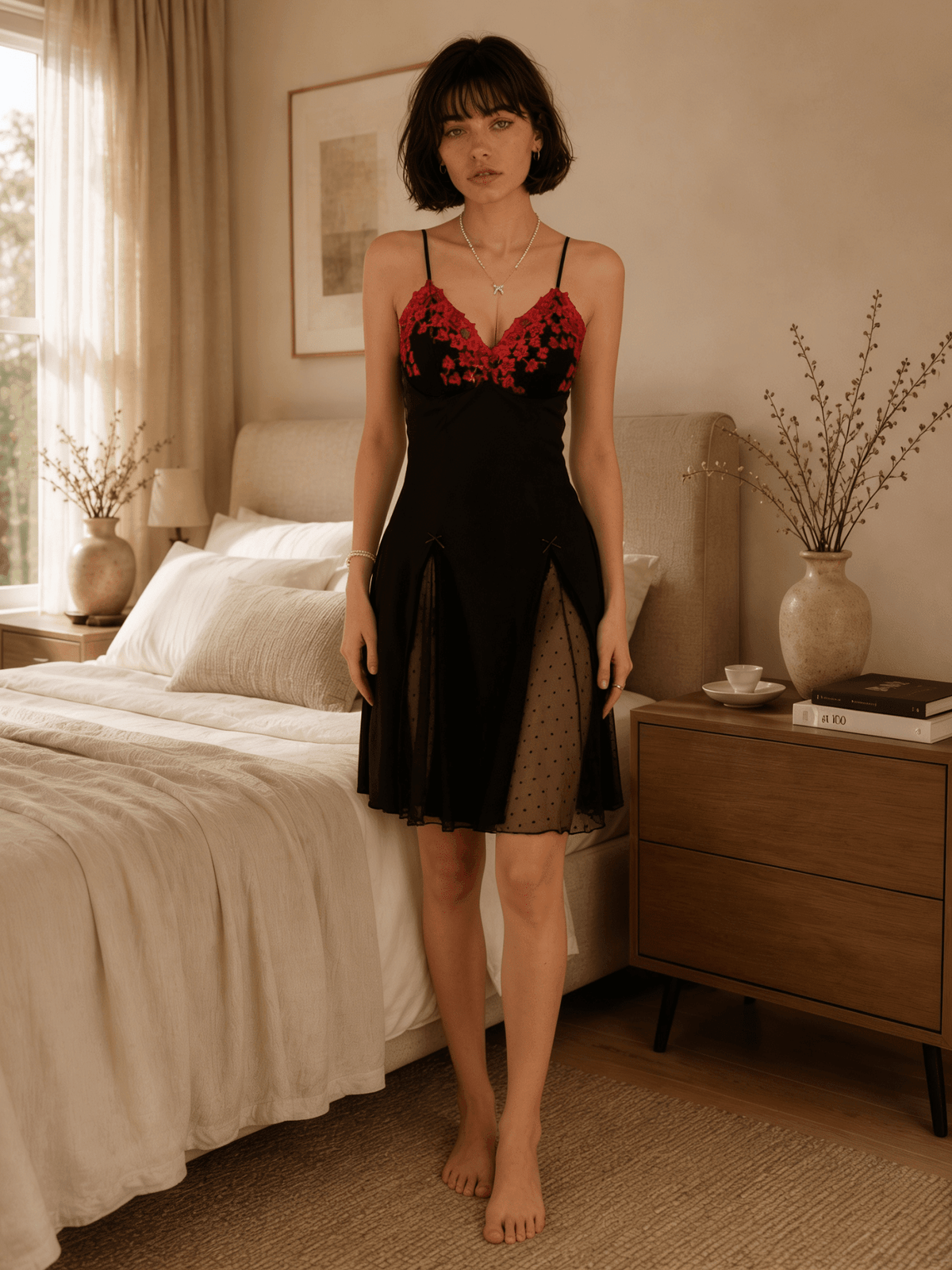Lace Cup Nightie with Tie Back and Split Hem - Comet Lore