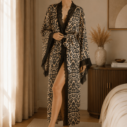 Leopard Print Kimono Robe with Black Lace Trim and Wide Sleeves