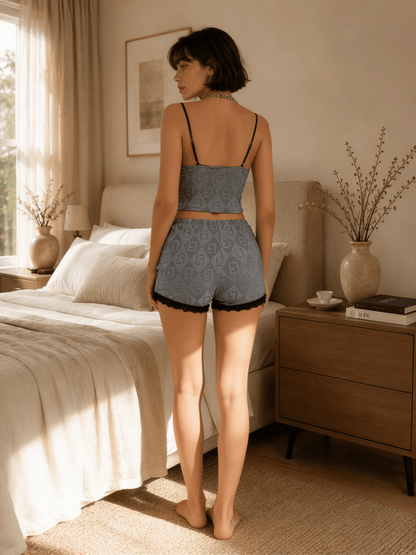 Light Blue Patterned Camisole Pyjama Set with Contrast Lace Trim