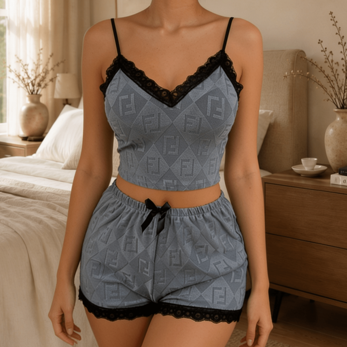 Light Blue Patterned Camisole Pyjama Set with Contrast Lace Trim
