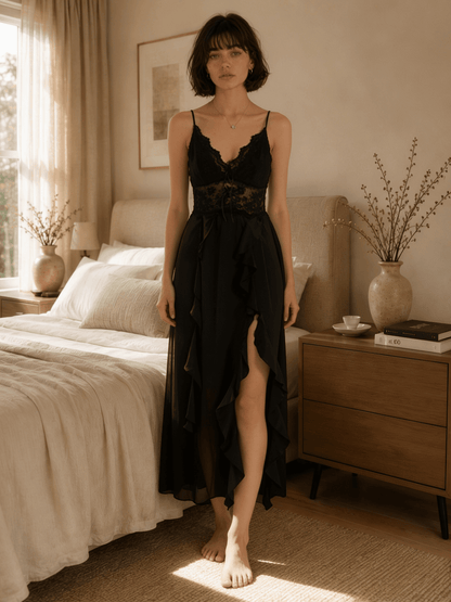 Long Black Satin Nightgown with Lace Waist and Side Slit - Comet Lore