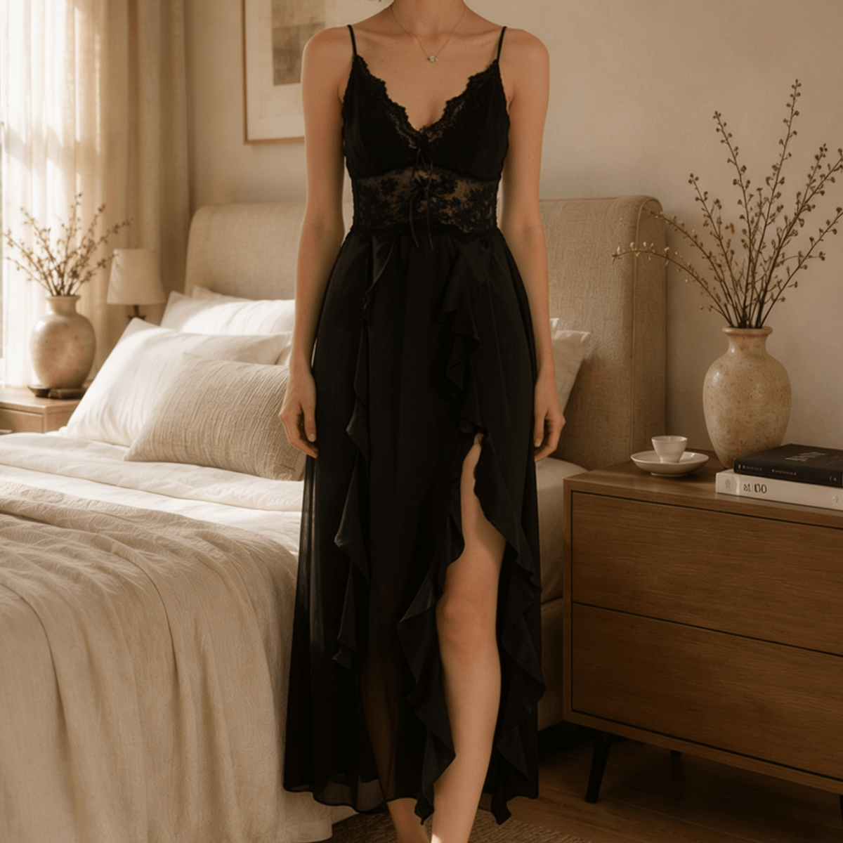 Long Black Satin Nightgown with Lace Waist and Side Slit