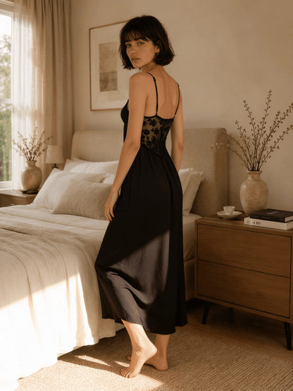 Long Black Satin Nightgown with Lace Waist and Side Slit