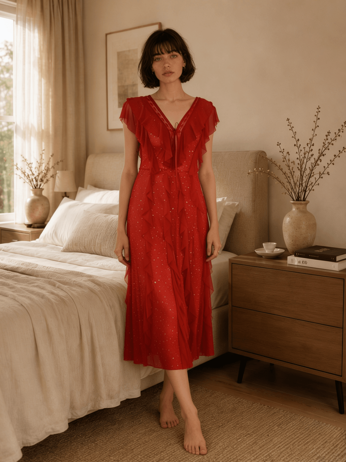 Long Floral Lace Nightgown with Flutter Sleeves and Deep V Back