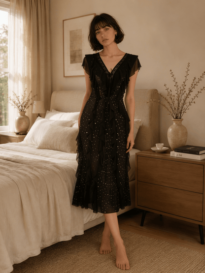 Long Floral Lace Nightgown with Flutter Sleeves and Deep V Back