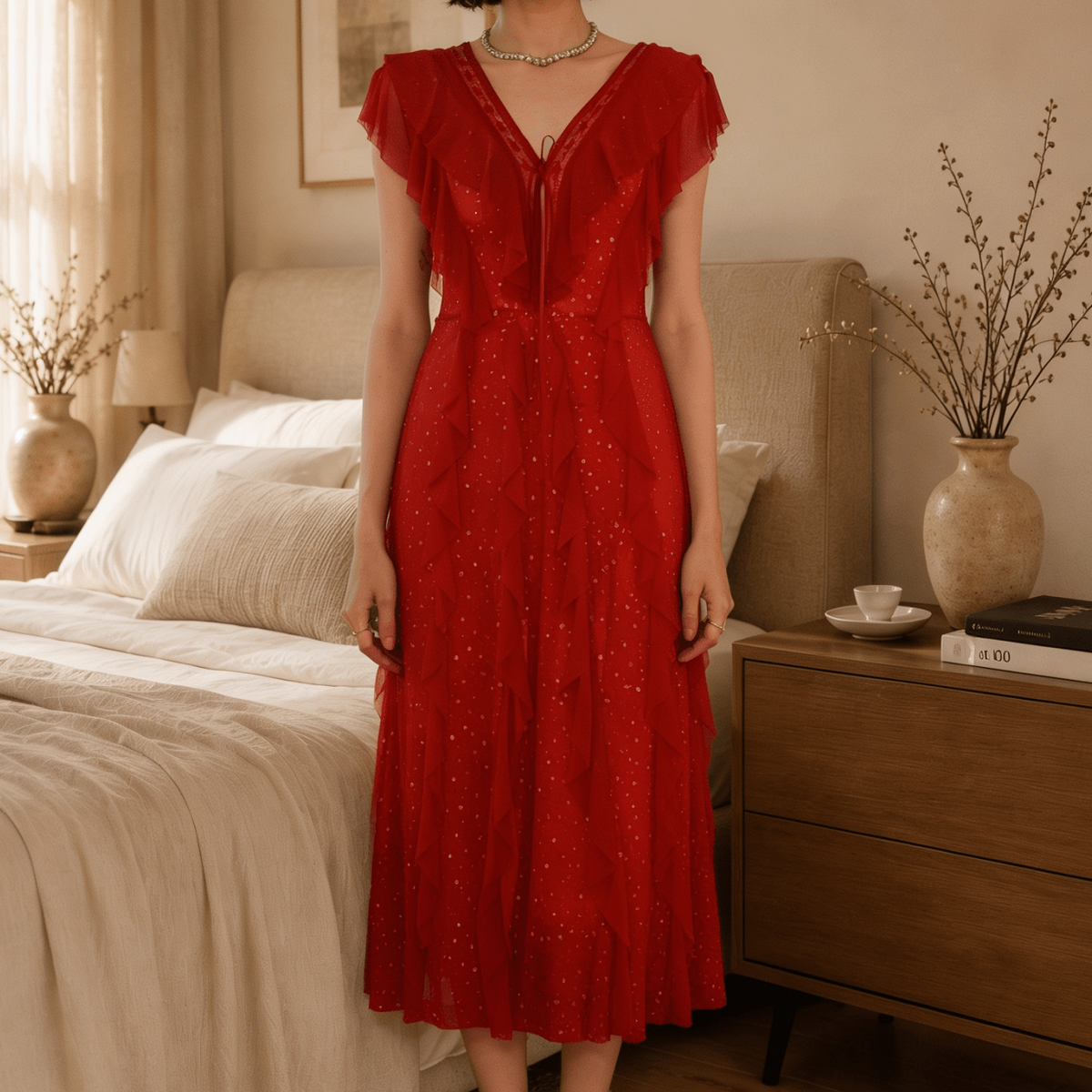 Long Floral Lace Nightgown with Flutter Sleeves and Deep V Back
