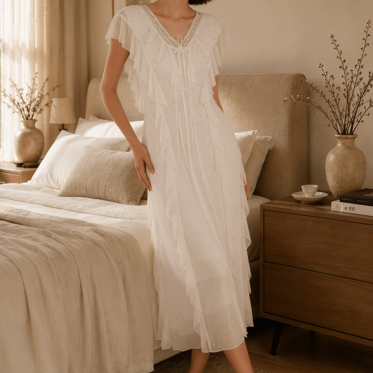 Long Floral Lace Nightgown with Flutter Sleeves and Deep V Back