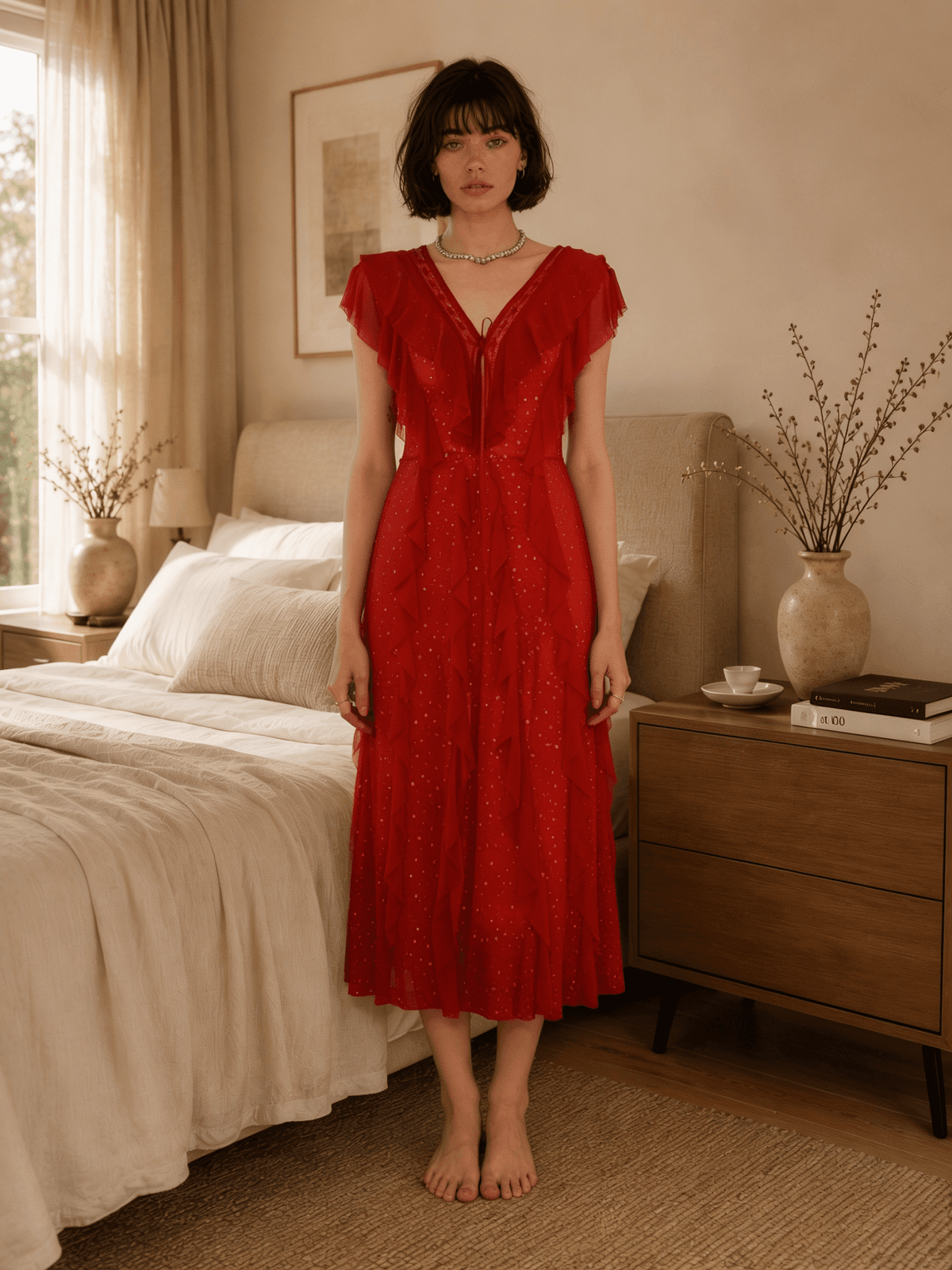 Long Floral Lace Nightgown with Flutter Sleeves and Deep V Back - Comet Lore