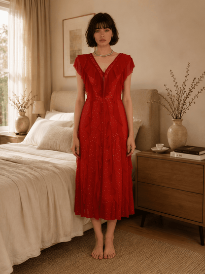 Long Floral Lace Nightgown with Flutter Sleeves and Deep V Back - Comet Lore