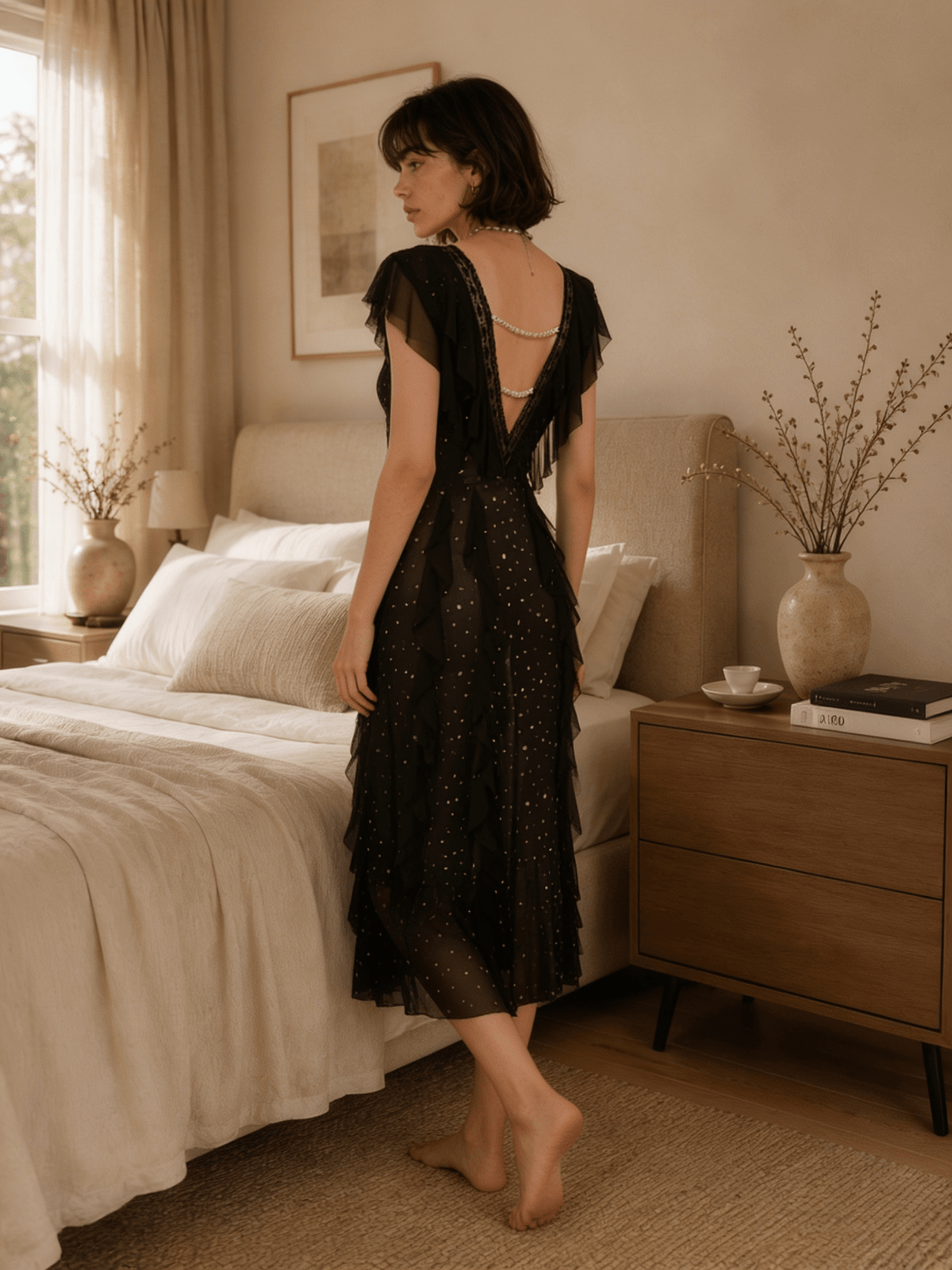 Long Floral Lace Nightgown with Flutter Sleeves and Deep V Back