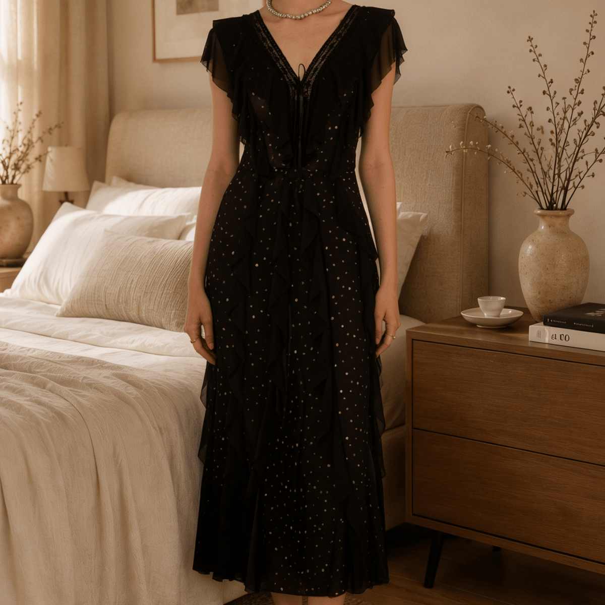 Long Floral Lace Nightgown with Flutter Sleeves and Deep V Back