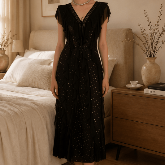 Long Floral Lace Nightgown with Flutter Sleeves and Deep V Back