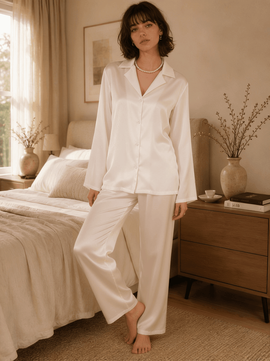 Long Satin Button-Up Pyjama Set with Relaxed Trousers - Comet Lore