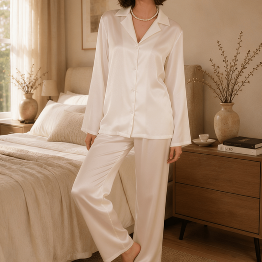 Long Satin Button-Up Pyjama Set with Relaxed Trousers