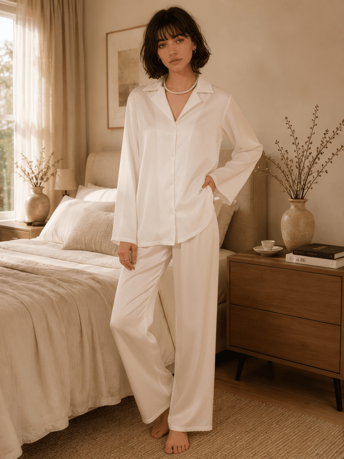 Long Satin Button-Up Pyjama Set with Relaxed Trousers