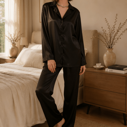 Long Satin Button-Up Pyjama Set with Relaxed Trousers