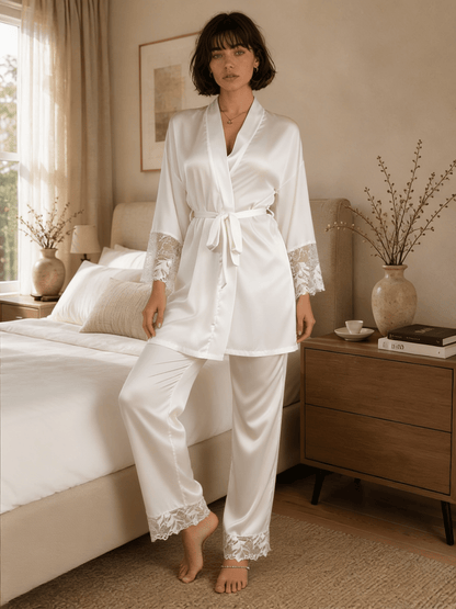 Long Satin Pyjama Set with Lace Trim and Wide Sleeves