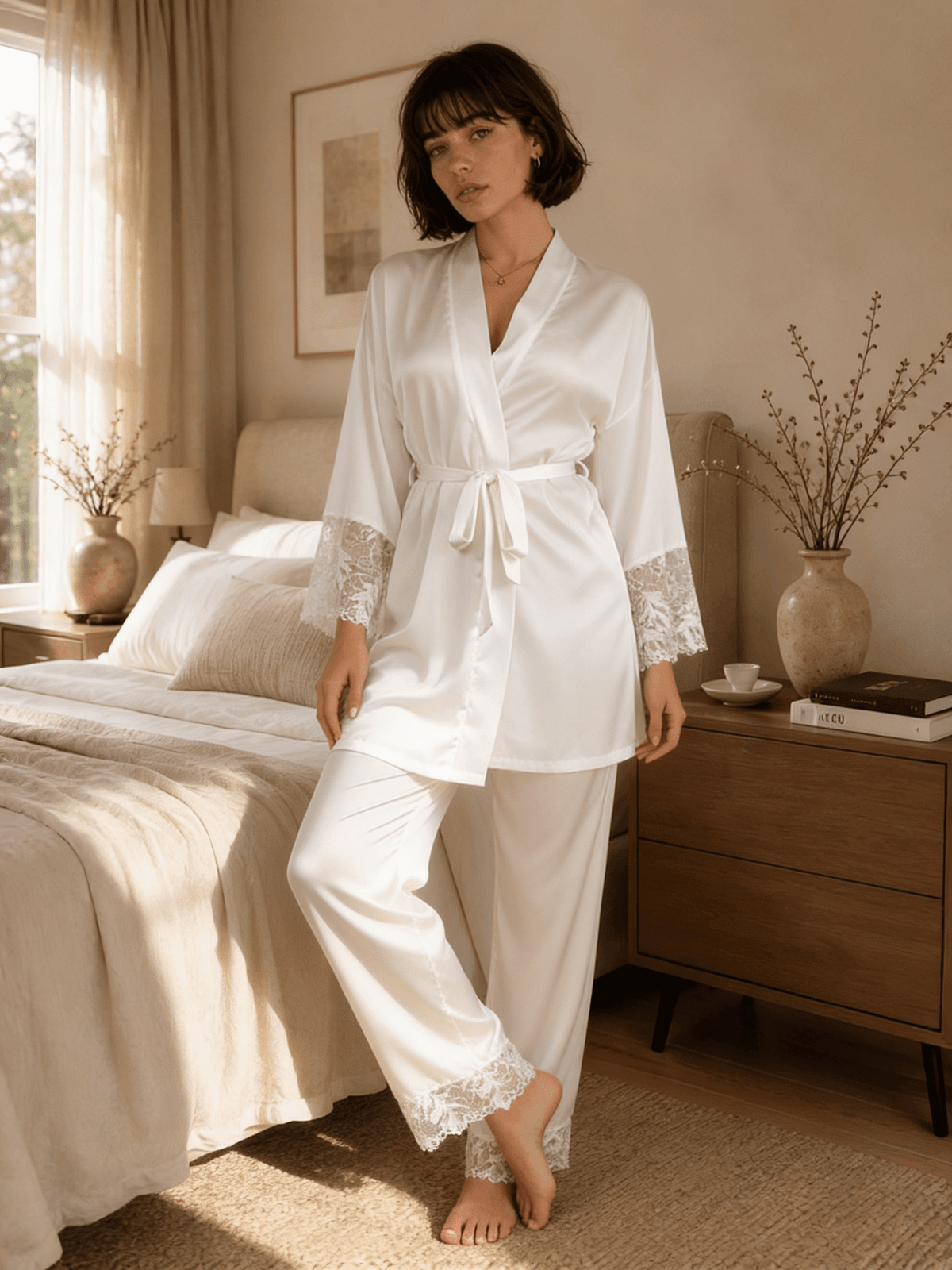 Long Satin Pyjama Set with Lace Trim and Wide Sleeves - Comet Lore