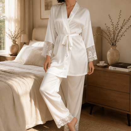 Long Satin Pyjama Set with Lace Trim and Wide Sleeves