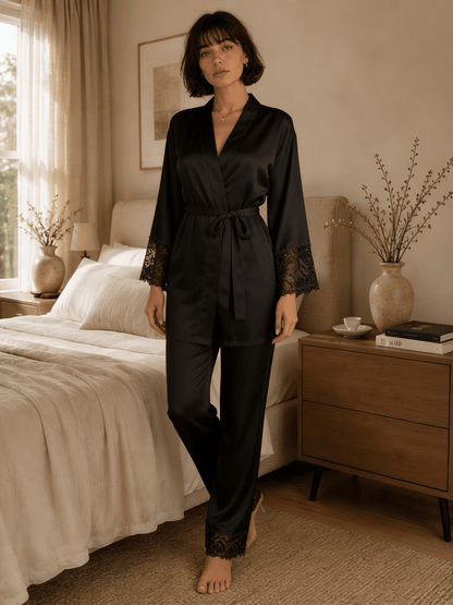 Long Satin Pyjama Set with Lace Trim and Wide Sleeves - Comet Lore