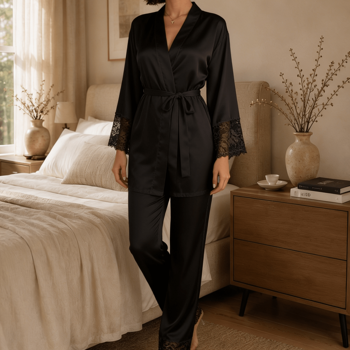Long Satin Pyjama Set with Lace Trim and Wide Sleeves