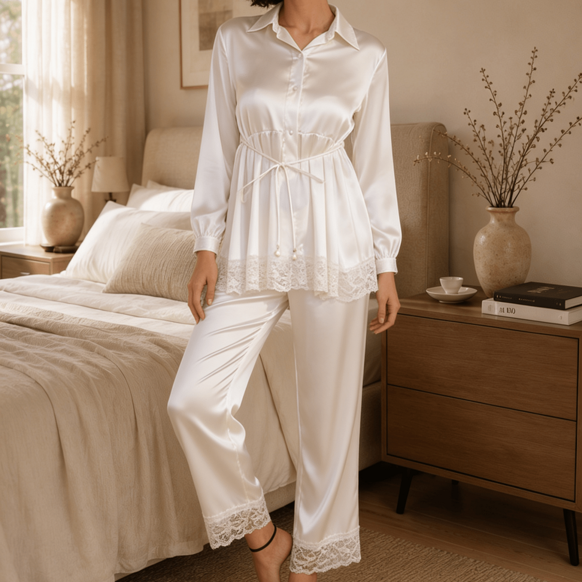 Long Satin Pyjama Set with Sheer Polka Dot Back and Tie Waist