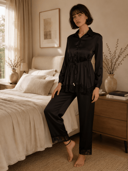 Long Satin Pyjama Set with Sheer Polka Dot Back and Tie Waist