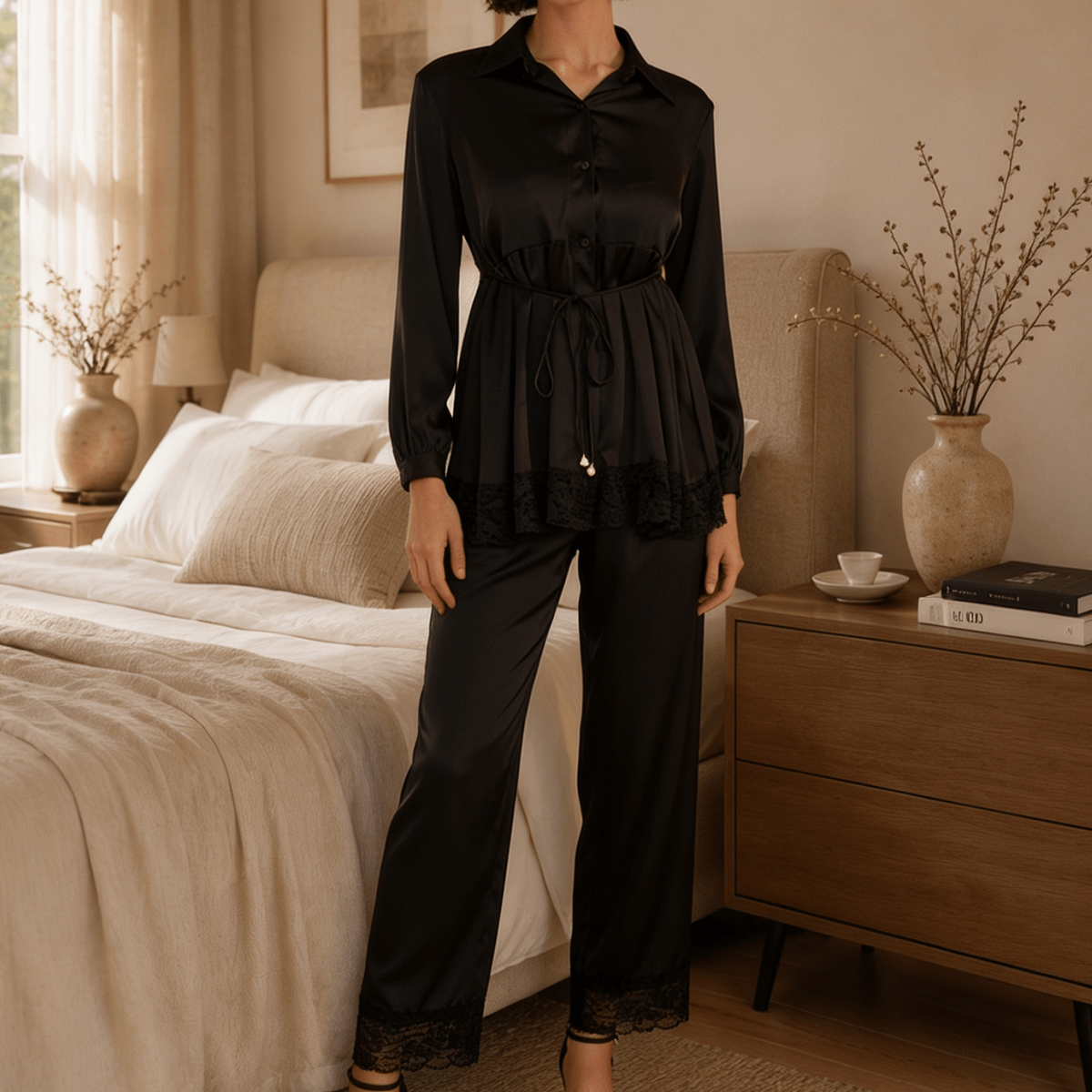 Long Satin Pyjama Set with Sheer Polka Dot Back and Tie Waist