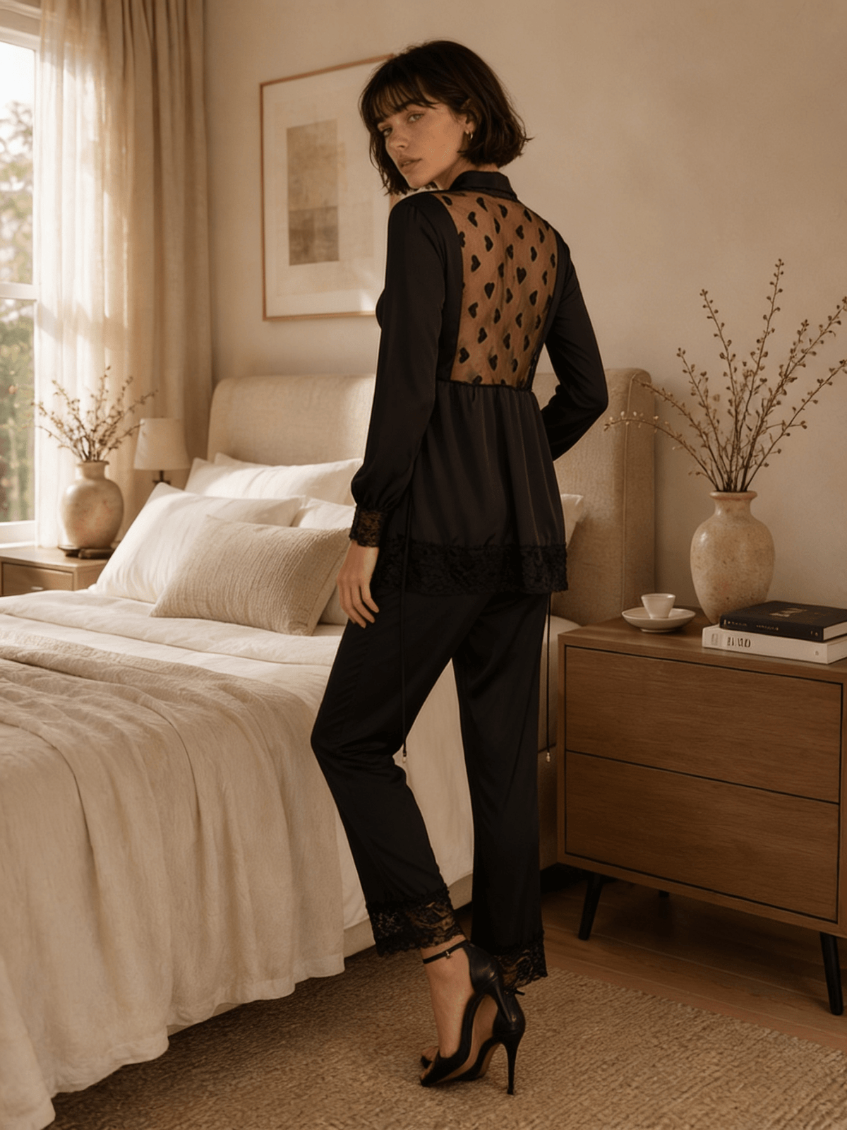 Long Satin Pyjama Set with Sheer Polka Dot Back and Tie Waist