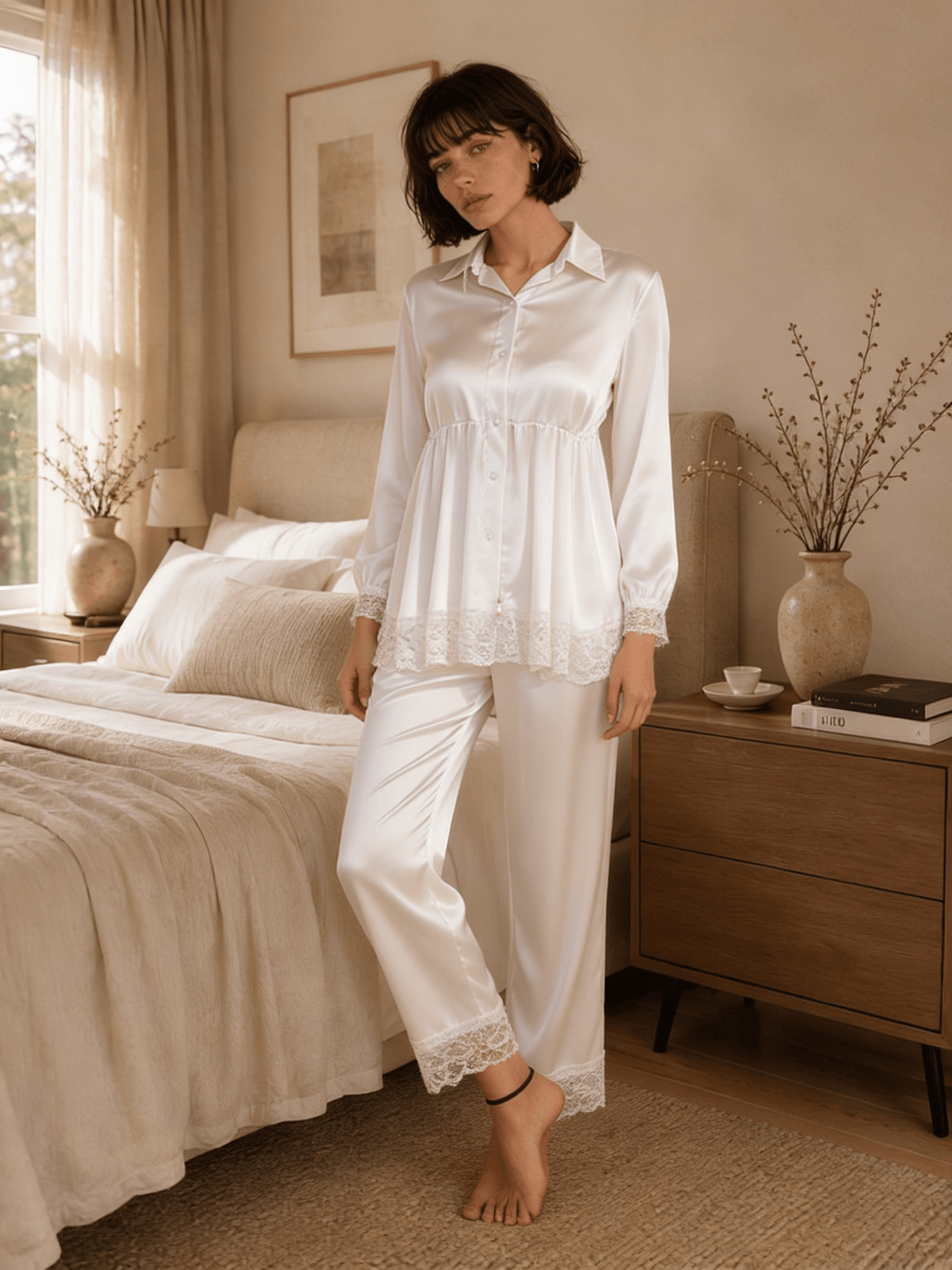 Long Satin Pyjama Set with Sheer Polka Dot Back and Tie Waist