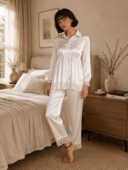 Long Satin Pyjama Set with Sheer Polka Dot Back and Tie Waist