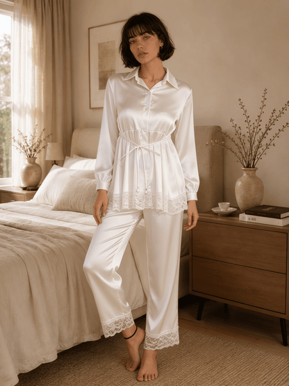 Long Satin Pyjama Set with Sheer Polka Dot Back and Tie Waist - Comet Lore