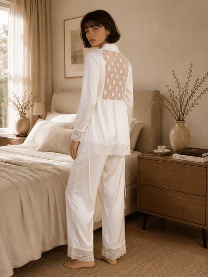 Long Satin Pyjama Set with Sheer Polka Dot Back and Tie Waist