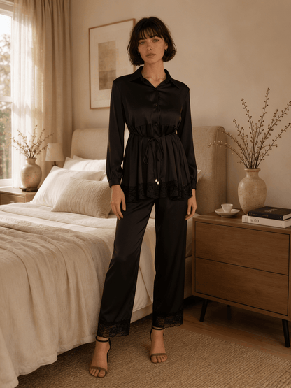 Long Satin Pyjama Set with Sheer Polka Dot Back and Tie Waist - Comet Lore