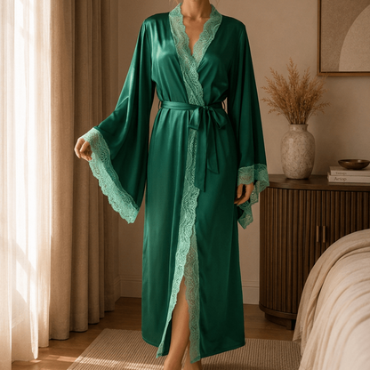 Long Satin Robe with Ornate Lace Border and Wide Cuffs