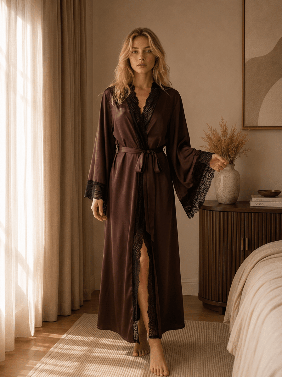Long Satin Robe with Ornate Lace Border and Wide Cuffs - Comet Lore