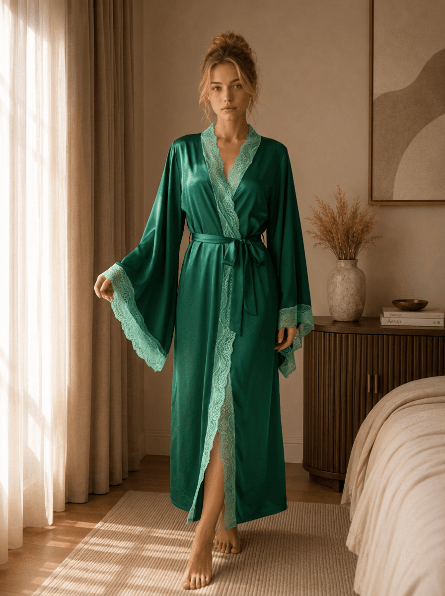Long Satin Robe with Ornate Lace Border and Wide Cuffs - Comet Lore