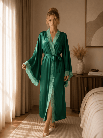 Long Satin Robe with Ornate Lace Border and Wide Cuffs - Comet Lore