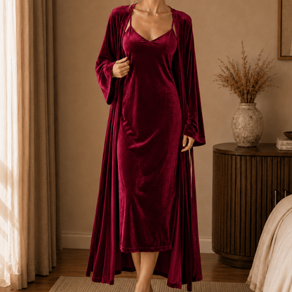 Long Velvet Robe and Nightie Set with Wide Bell Sleeves