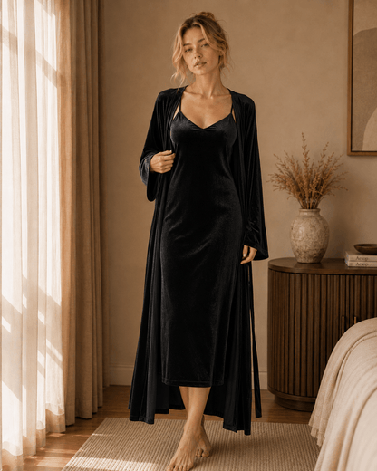 Long Velvet Robe and Nightie Set with Wide Bell Sleeves