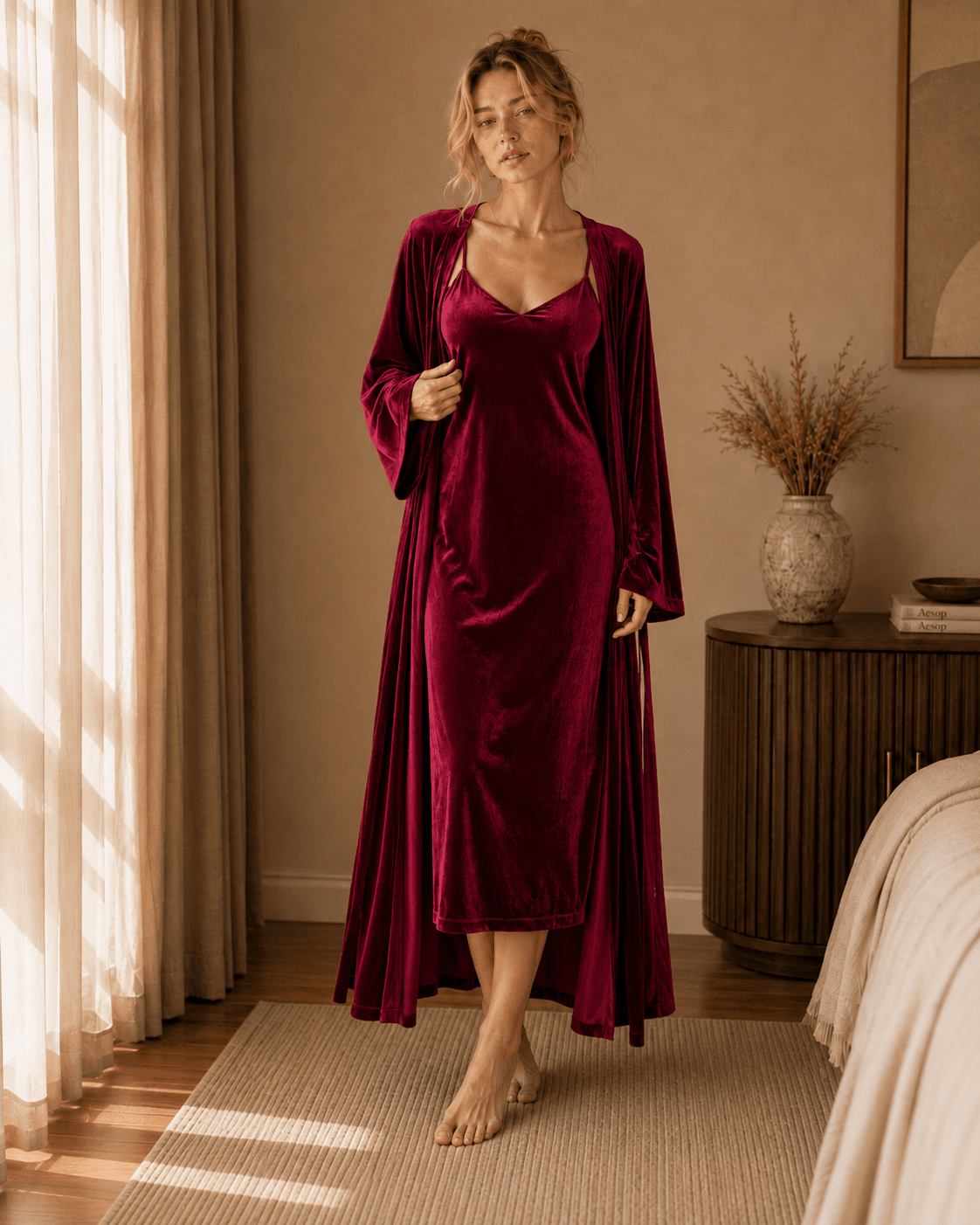 Long Velvet Robe and Nightie Set with Wide Bell Sleeves - Comet Lore