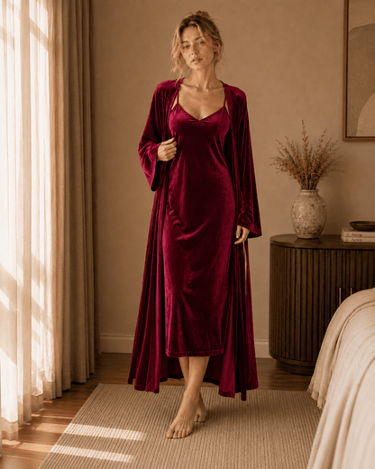Long Velvet Robe and Nightie Set with Wide Bell Sleeves - Comet Lore