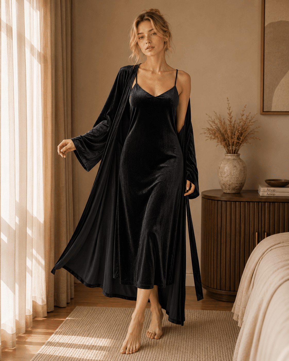 Long Velvet Robe and Nightie Set with Wide Bell Sleeves - Comet Lore