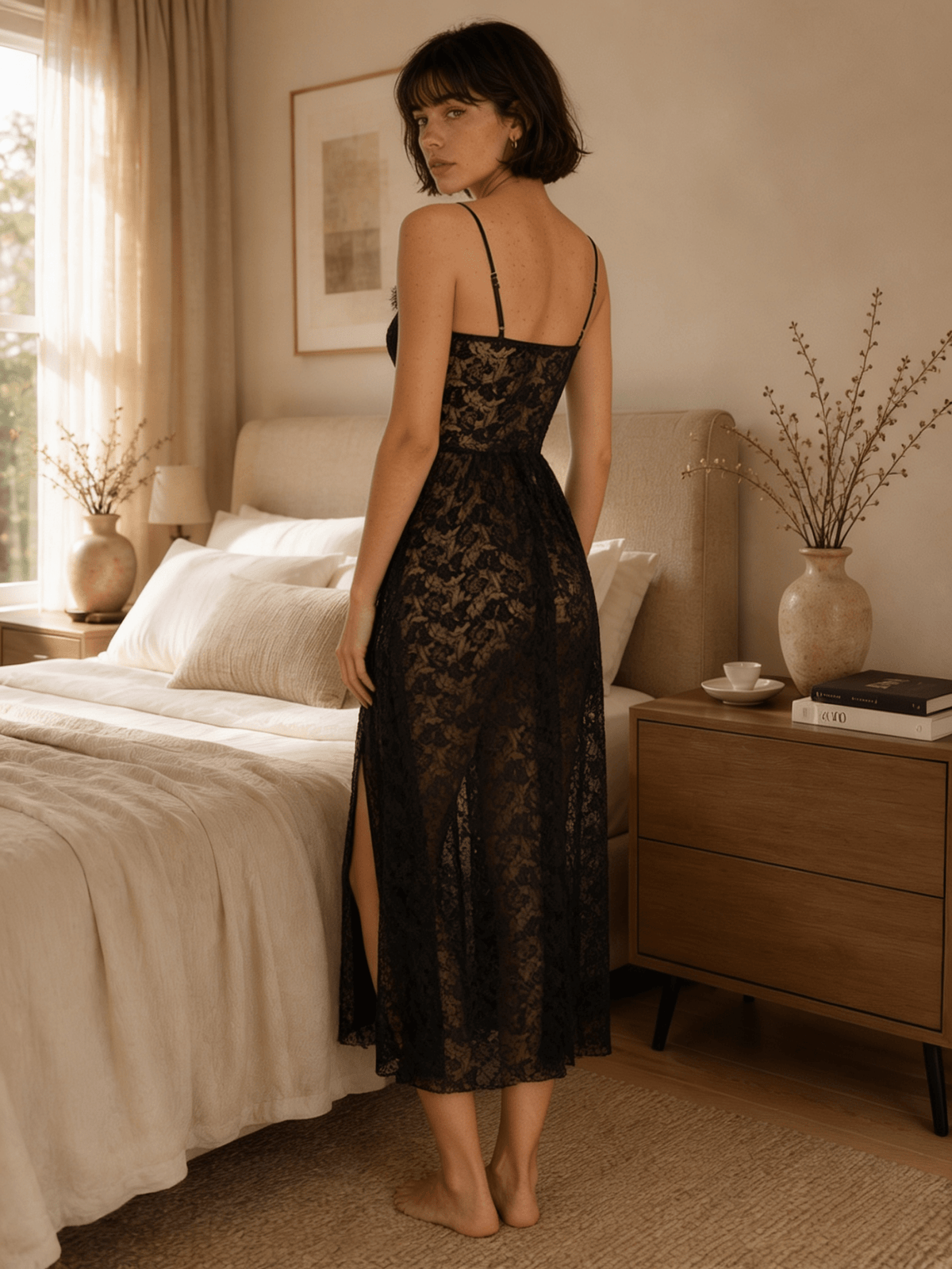 Midi Floral Lace Nightgown with Sparkle Waist and High Slit