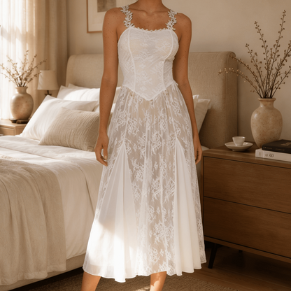 Midi Floral Lace Nightgown with Square Neckline and Flared Skirt