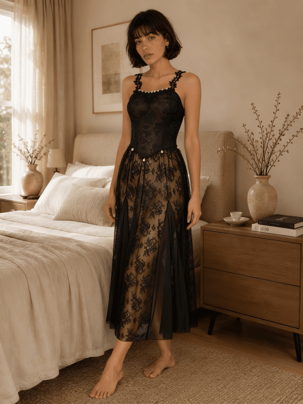 Midi Floral Lace Nightgown with Square Neckline and Flared Skirt - Comet Lore