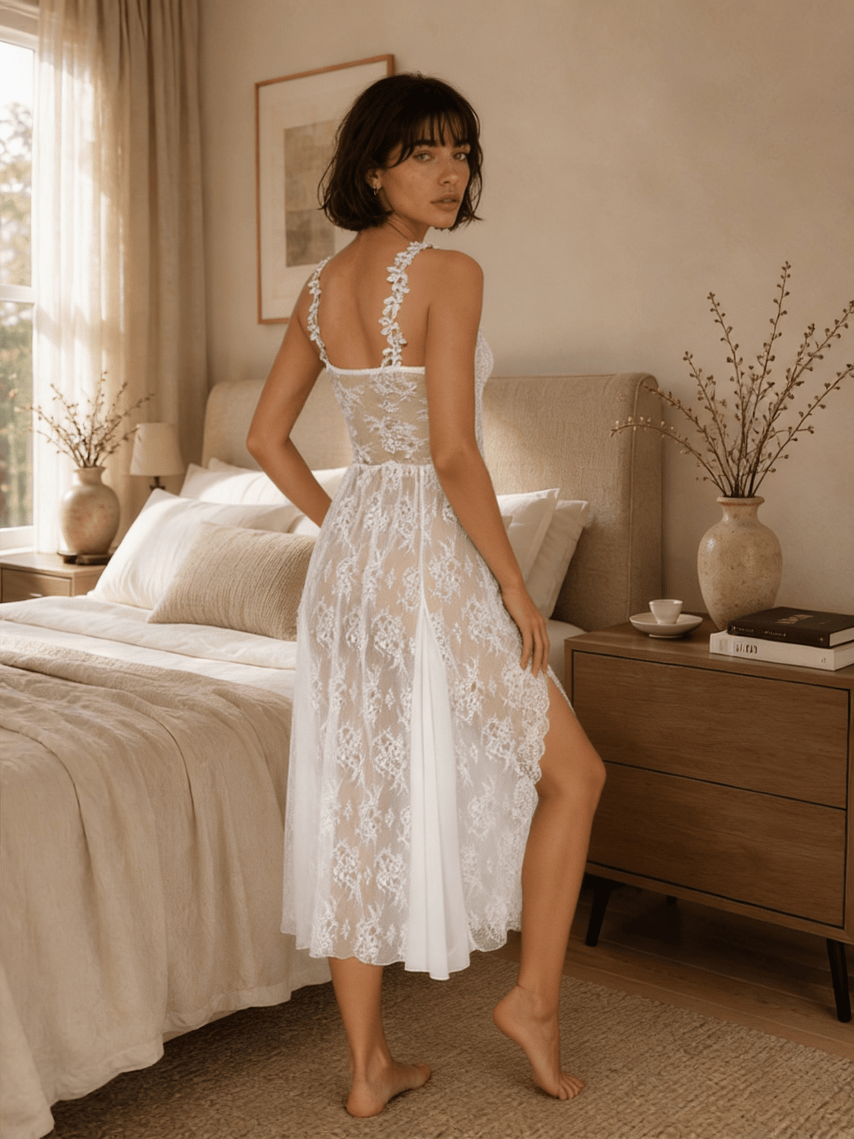 Midi Floral Lace Nightgown with Square Neckline and Flared Skirt
