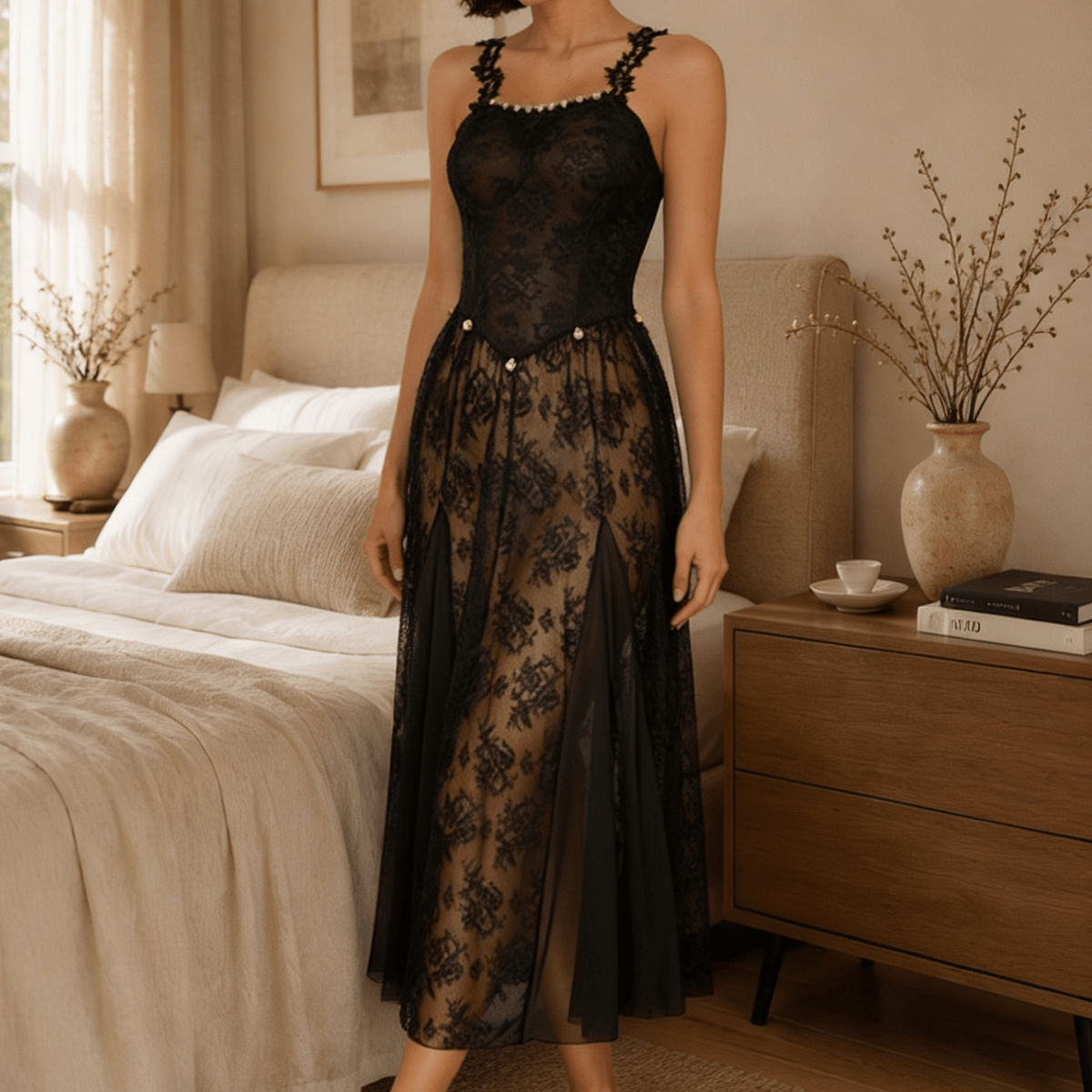 Midi Floral Lace Nightgown with Square Neckline and Flared Skirt